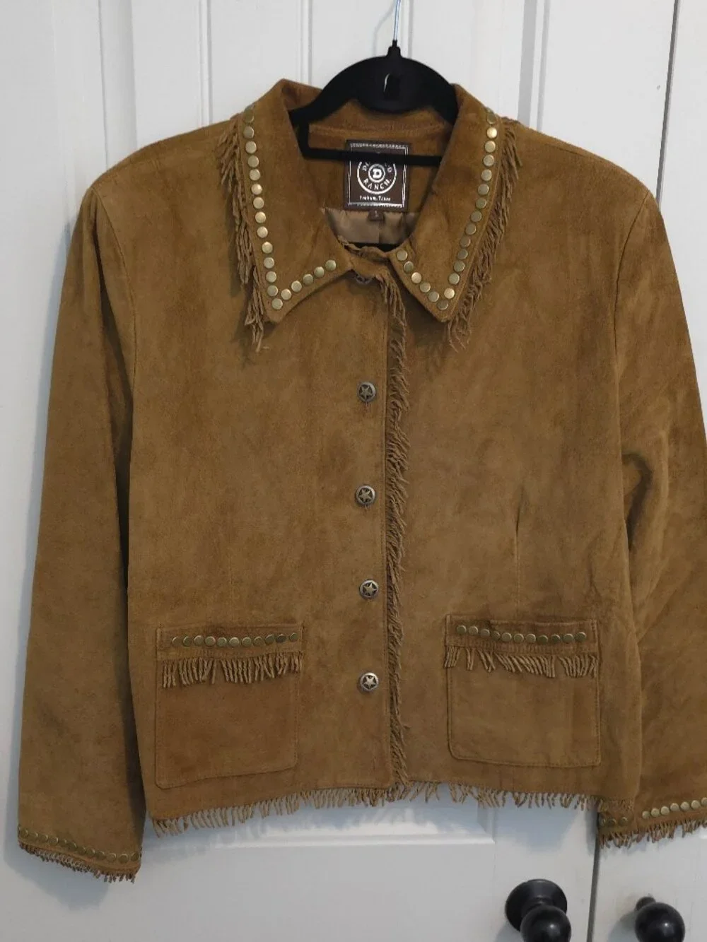 Double D Ranch Tan Brown Fringe & Studded Suede Leather Jacket - Woman's Size L - Picture 2 of 12